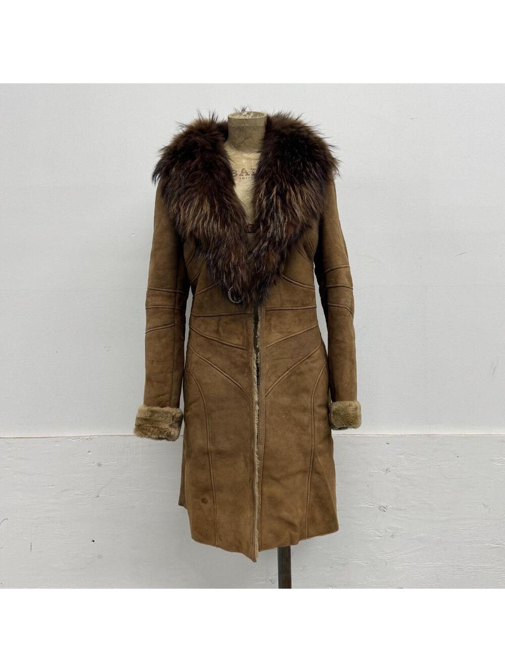 Vintage Y2K Brown Shearling Penny Lane Suede Coat w Raccoon Fur Collar